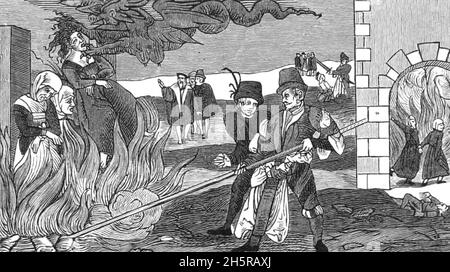 DES SORCIÈRES BRÛLANTES dans une coupe de bois allemande de 1555.En arrière-plan un autre est behead et à droite deux sont montrés entrant en enfer Banque D'Images