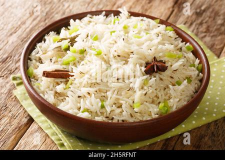 Le riz Jeera ou le riz au cumin est un plat indien populaire dans lequel le riz basmati est cuit avec des graines de cumin entières dans le bol sur la table.Horizontale Banque D'Images