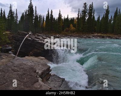 Vue sur le sommet de la cascade populaire des chutes d'Athabasca dans le parc national Jasper, en Alberta, au Canada, dans les montagnes Rocheuses, entre les roches érodées. Banque D'Images