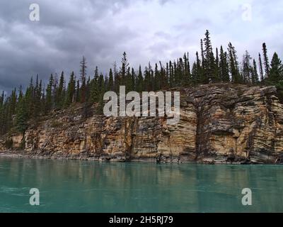 Vue de la face rocheuse colorée et érodée avec des couches visibles de la rivière Athabasca, dans le parc national Jasper, en Alberta, au Canada, dans les montagnes Rocheuses avec arbres. Banque D'Images