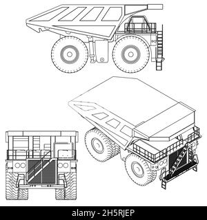 Définir avec les contours d'un camion à benne basculante à partir de lignes noires isolées sur un fond blanc.Vue latérale, face, isométrique.Illustration vectorielle Illustration de Vecteur