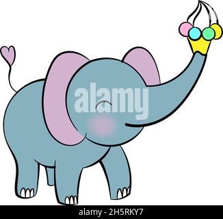 Autocollant émotionnel avec un joli elefant.Style kawaii.Autocollant emoji de dessin animé avec elefant heureux et glace.Illustration vectorielle. Illustration de Vecteur