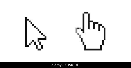 Pointeur de flèche de la souris.Cliquez à la main sur l'icône en mode pixel Illustration de Vecteur