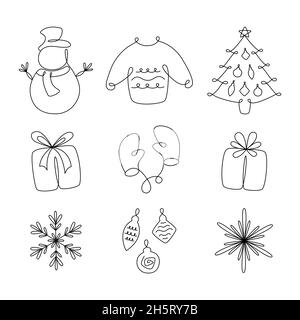 Collection de vecteurs de Noël de différents objets: Bonhomme de neige, chandail, arbre de noël, présent, mitaines,flocon de neige, boules. Illustration de Vecteur