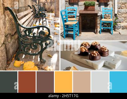 Palette de couleurs assorties des images de l'ancien banc avec des feuilles d'Antumn, chaises turquoise dans un café extérieur grec et des prines au chocolat avec des noix Banque D'Images