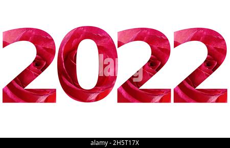 2022 texte pour la nouvelle année, texte avec des nombres faits de roses rouges isolées sur un fond blanc Banque D'Images