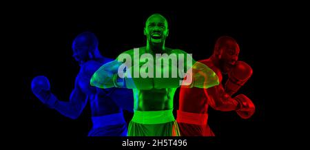 Des émotions vives de boxer afro-américain professionnel isolé sur fond sombre de studio avec effet de glitch de duotone. Banque D'Images