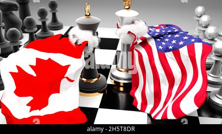 Canada États-Unis crise, clash, conflit et débat entre les deux pays qui visent un accord commercial ou une domination symbolisée par un jeu d'échecs avec natio Banque D'Images