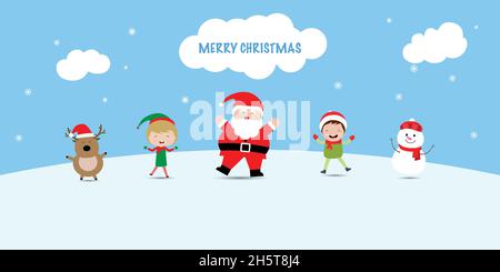 Dessin animé mignon pour enfants, bonhomme de neige, renne et Père Noël pour le motif carte de Noël Illustration de Vecteur