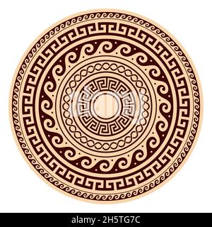 Motif boho mandala à vecteur grec avec motif clé, fleurs et vagues, motif yoga noir en marron sur fond jaune Illustration de Vecteur