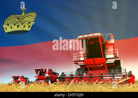 Moissonneuse-batteuse agricole de seigle rouge sur le terrain avec fond de drapeau du Liechtenstein, concept de l'industrie alimentaire - illustration 3D industrielle Banque D'Images