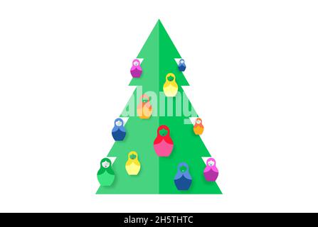 Motif de coupe de papier d'arbre de Noël avec poupée russe nicheuse colorée ornements Matrioshka, papuraft pour les enfants de jeu.Illustration vectorielle Illustration de Vecteur