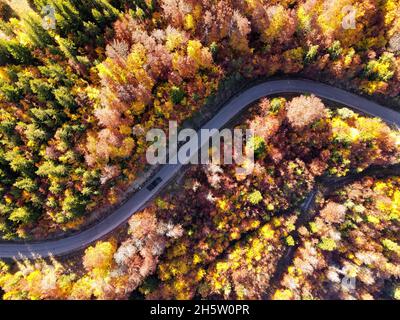 Voiture roulant sur une route de montagne quelque part dans les Alpes françaises, entouré d'arbres avec des feuilles d'automne multicolores, vue sur les drones. Banque D'Images