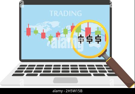 échange sur un ordinateur portable et une loupe avec de l'argent Illustration de Vecteur