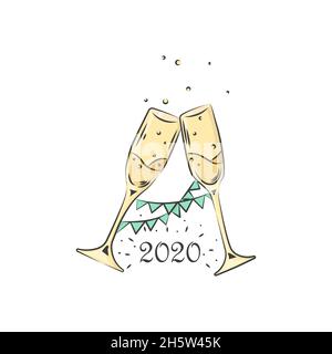 deux verres de champagne.2020 Joyeux Noël, bonne année, dessin Illustration de Vecteur