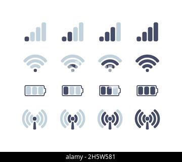 communications mobiles, internet et icônes de batterie, à plat Illustration de Vecteur