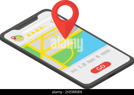 navigateur de carte dans l'isométrie du téléphone avec icône de position, plat Illustration de Vecteur