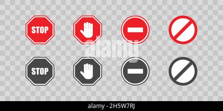 Stop affiche de style plat sur fond transparent.Définir l'icône de vecteur rouge et noir d'avertissement.Hend, stop et Ban à plat Illustration de Vecteur