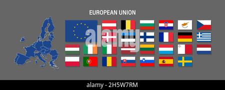 Carte de l'Union européenne et icône de vecteur de drapeau.Signes et symboles politiques et économiques.Pays pour l'infographique et les médias Illustration de Vecteur