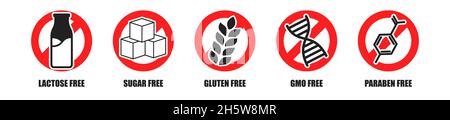 Lactose, sucre, gluten, ogm, ensemble d'autocollants sans parabène, collection d'étiquettes alimentaires biologiques. Illustration de Vecteur