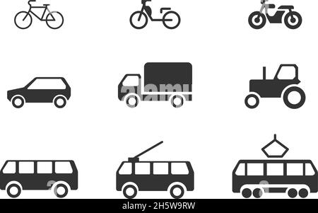 Icône noire de divers ensembles de transport.Car bus vélo et moto.Illustration vectorielle Illustration de Vecteur