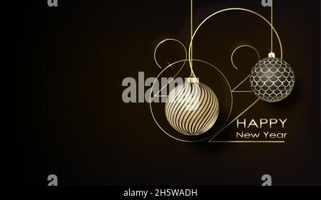 Bonne année 2022.Numéros de papier blanc avec décoration de Noël dorée et confettis sur fond sombre.Cartes de vœux pour les fêtes. Illustration de Vecteur