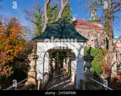 Parc du Manoir dans la ville d'Ilowa en Pologne.Il y a un cloître dans le jardin japonais avec une pagode japonaise au sommet. Banque D'Images