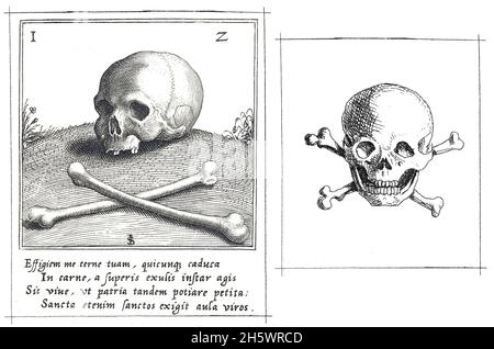 Deux illustrations hisoriques représentant un crâne et des os croisés.À gauche : représentation de Vanitas avec un crâne et des crossones sur une colline.1560 - 1620.Venise.A droite : crâne avec arêtes croisées, Anthonie van den Bos, 1778 - 1838.Un composite optimisé numériquement de 2 images historiques.Une vanitas est une œuvre d'art symbolique montrant la transition de la vie, la futilité du plaisir et la certitude de la mort, souvent des symboles de richesse et des symboles d'éphéméralité et de mort. Banque D'Images