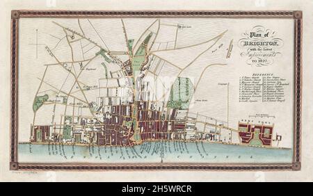 Carte de Brighton et des parties voisines de Hove.Historical streetmap, Brighton, Angleterre, Royaume-Uni.« PLAN DE BRIGHTON AVEC LES DERNIÈRES AMÉLIORATIONS EN 1827 » Banque D'Images