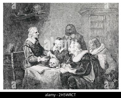 Illustration historique par le graveur néerlandais David van der Kellen représentant une leçon d'anatomie.Dans une étude, un chercheur enseigne l'anatomie aux étudiants.L'enseignant se tient devant la table, où ses 4 élèves sont assis, et explique quelque chose au sujet du crâne qu'il tient sous sa main gauche.L'un des élèves prend des notes avec un creux.L'enseignant et les élèves sont vêtus de vêtements du XVIIe siècle.En arrière-plan est une bibliothèque et sur l'étagère sur le mur sont, entre autres choses, un crâne et une bouteille.1837 - 1882 Une version optimisée numériquement / améliorée d'une image historique Banque D'Images