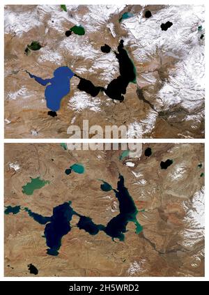 Changement climatique : glaciers en diminution et lacs en croissance.Ces images de lacs à l'ouest des montagnes de Tanggula, une petite aire de répartition dans la partie centrale du plateau tibétain, offrent une vue des changements causés, en partie, par la reprise des glaciers.La première image a été acquise en octobre 1987; la deuxième image montre la même zone en octobre 2021.Les deux plus grands lacs - Chibzhang Co et Dorsoidong Co, ont augmenté à mesure que les glaciers de montagne ont rétréci.Le bord avant des glaciers a sensiblement reculé.Un composite haute résolution et amélioré d'images Landsat5 et Landsat8 originales.Crédit NASA Banque D'Images