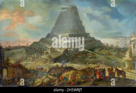 Tour de Babel, peinture hollandaise du XVIIe siècle à l'école néerlandaise/flamande.Partie d'une tradition de peinture de la tour au cours des XVIe et XVIIe siècles.La Tour de Babel est un mythe d'origine biblique de la Genèse destiné à expliquer pourquoi les peuples du monde parlent différentes langues Une version optimisée numériquement / améliorée d'une image historique. Banque D'Images