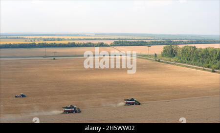 En arrière-plan, la moissonneuse-batteuse recueille les restes de blé.Les nouvelles récolteuses récoltent du blé sur le terrain.Vue panoramique sur le champ de colle Banque D'Images