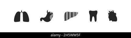 Poumons, coeur, foie, estomac, dent corps humain ensemble d'icônes d'organe, organes internes plats illustration de la collection de symboles de vecteur de silhouette. Illustration de Vecteur