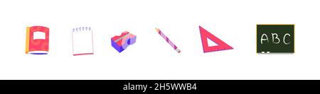 Collection de vecteur de rentrée, carnet à crayons et tableau noir vert, illustration de l'ensemble d'équipements éducatifs. Illustration de Vecteur