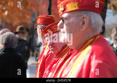 Milford, États-Unis.11 novembre 2021.Les anciens combattants marins sont à l'attention pendant la journée des anciens combattants.les anciens combattants sont venus en l'honneur de leurs camarades lors de la journée des anciens combattants à Milford, en Pennsylvanie.Crédit : SOPA Images Limited/Alamy Live News Banque D'Images