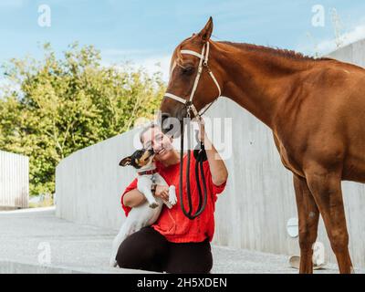 Femme propriétaire tenant une louche de cheval de châtaignier tout en jouant avec Jack Russell Terrier Banque D'Images