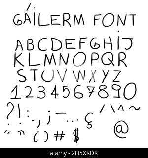 Lettres dessinées à la main.Chiffres, signes mathématiques, accents, virgules, points,fin, point-virgule, point d'exclamation et points d'interrogation.Entièrement modifiable et bien organisé. Illustration de Vecteur