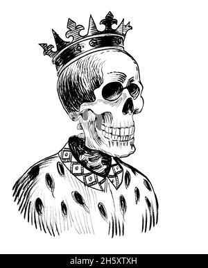 Squelette humain dans la couronne du roi. Encre noir et blanc dessin Banque D'Images