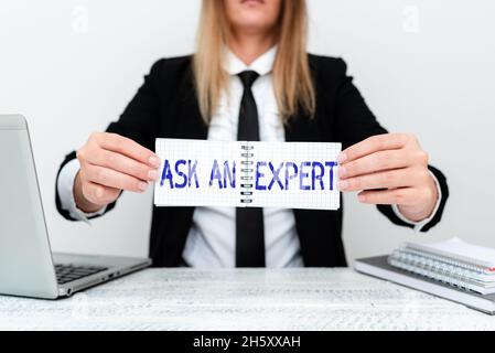 Légende de la présentation Demandez à un expert.Confirmation de présentation commerciale ayant lu et accepté les directives de l'offre d'assistant Banque D'Images