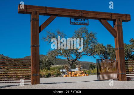 Exposition d'Halloween avec citrouilles et un buckboard antique dans un ranch de la vallée de San Antonio Creek dans le comté de Santa Barbara, CA. Banque D'Images