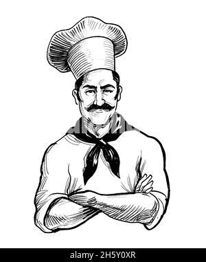 Personnage du chef de restaurant. Dessin noir et blanc Banque D'Images