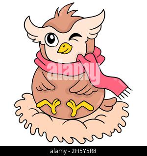 un hibou gros portant un foulard est assis dans son nid Illustration de Vecteur