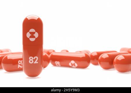 Capsule de molnupiravir médicament antiviral comprimé pour anti virus Corona (COVID-19) développé par Merck et Co - 3D Rendering maquette.5 octobre 2021, Bangkok Banque D'Images