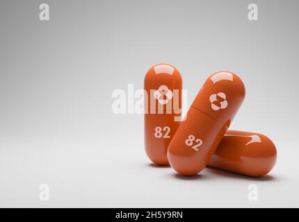 Capsule de molnupiravir médicament antiviral comprimé pour anti virus Corona (COVID-19) développé par Merck et Co - 3D Rendering maquette.5 octobre 2021, Bangkok Banque D'Images