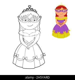 un livre de coloriage, une jolie princesse dans une robe, un masque et une couronne. illustration de dessin animé vectoriel isolée sur un fond blanc Illustration de Vecteur