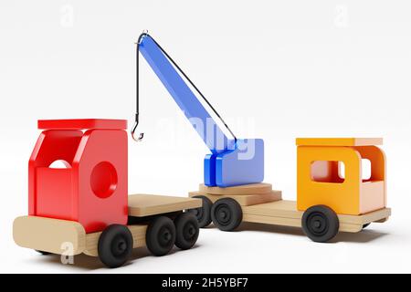 illustration 3d des jouets pour enfants d'un camion-benne multicolore et d'une grue sur un fond blanc isolé.Jouet écologique pour les parents et les enfants Banque D'Images