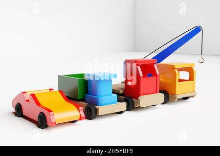 illustration 3d de jouets pour enfants de cabriolet multicolore, camion à benne basculante, camion et grue sur un fond blanc isolé.Jouet écologique pour les parents et c Banque D'Images