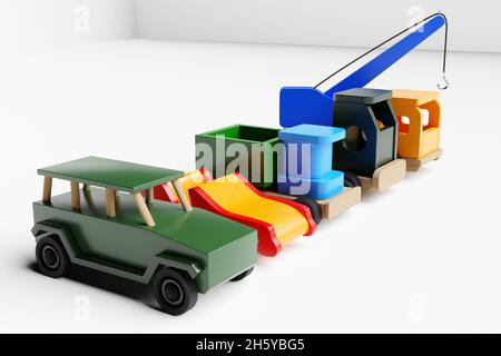 illustration 3d des jouets pour enfants d'une jeep multicolore, convertible, camion à benne, camion et grue sur un fond blanc isolé.Jouet écologique pour par Banque D'Images