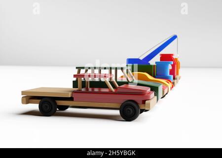 illustration 3d des jouets pour enfants d'un pick-up, jeep, convertible, camion à benne basculante, camion et grue multicolores sur un fond blanc isolé.Jouet écologique Banque D'Images